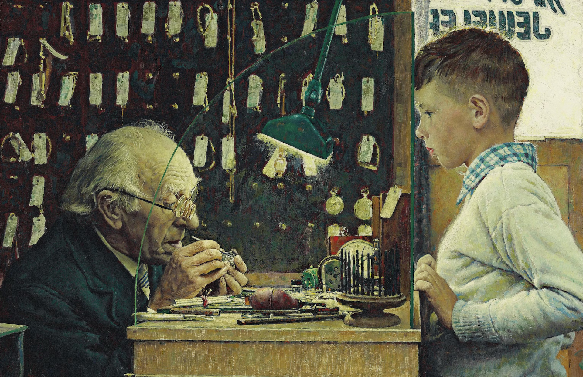 Norman Rockwell (American, 1894-1978), What Makes It Tick?, alternatively known as The Watchmaker, 1948, Oil on canvas, 66.7 x 66 cm. *Image source: Christie’s. Original image copyright: Norman Rockwell.*